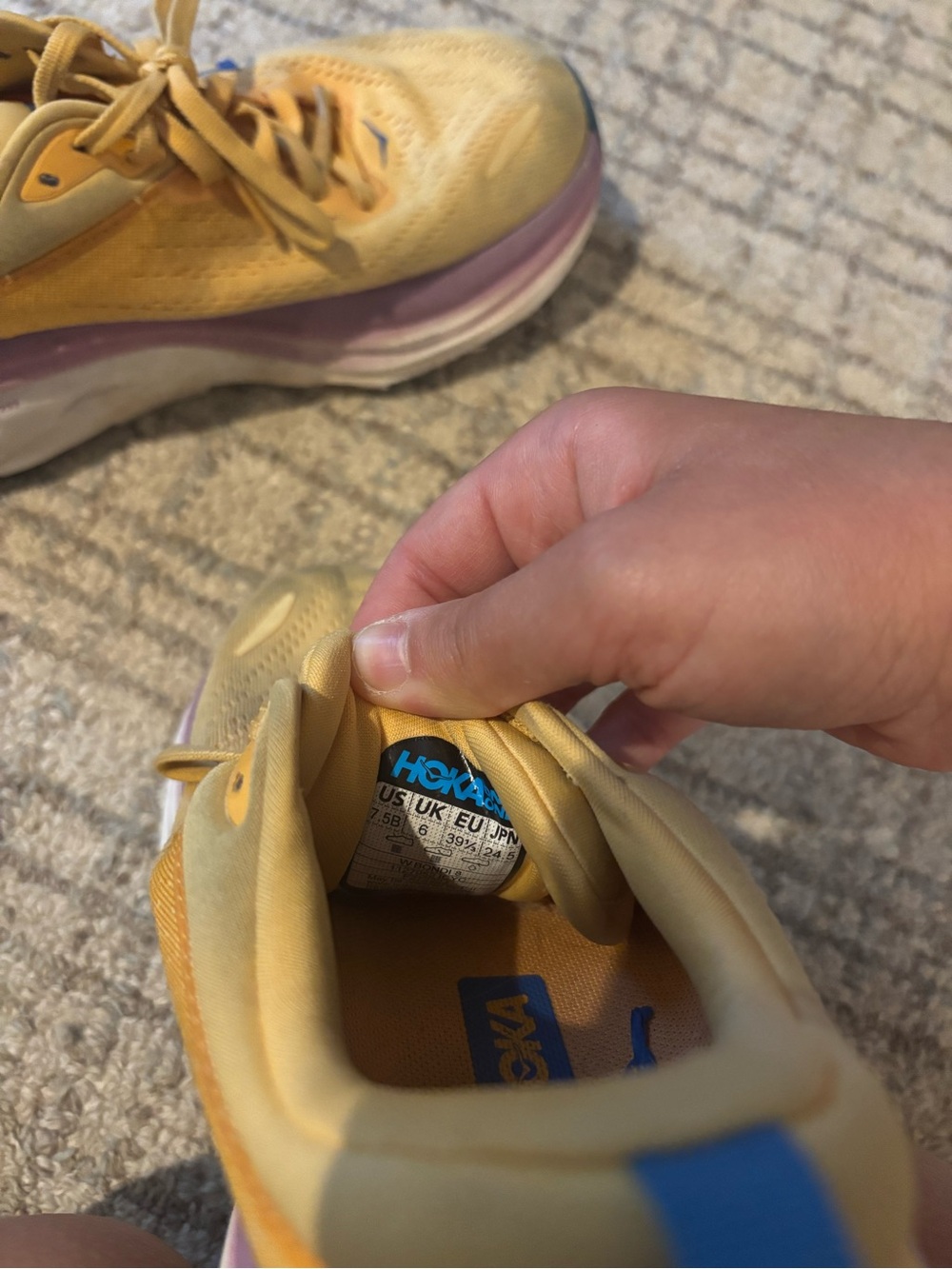 HOKA Women's Yellow Running Shoes with Blue Logo and Purple Midsole - Picture 5 of 5